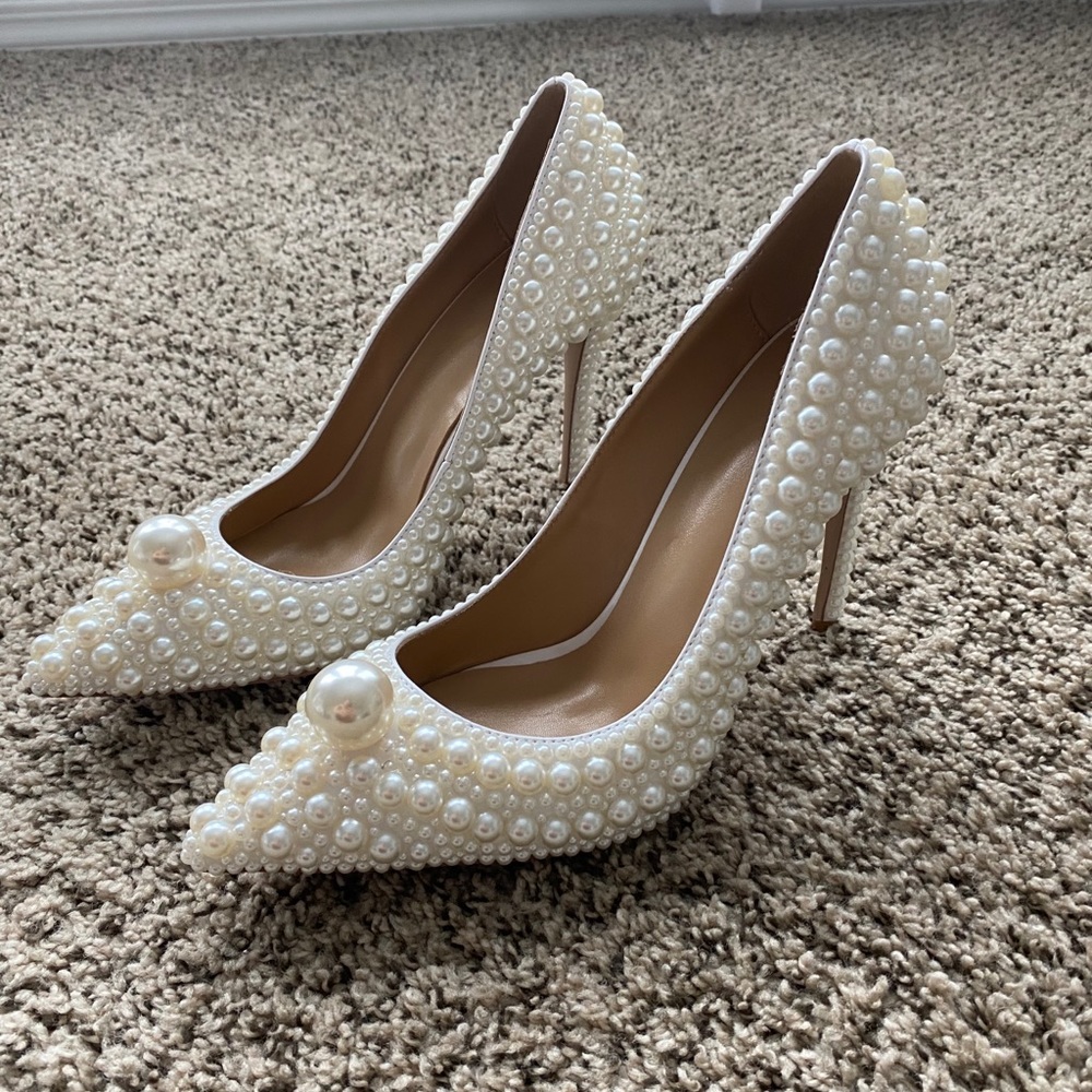 Pearl-Embellished Ivory Stiletto Pumps